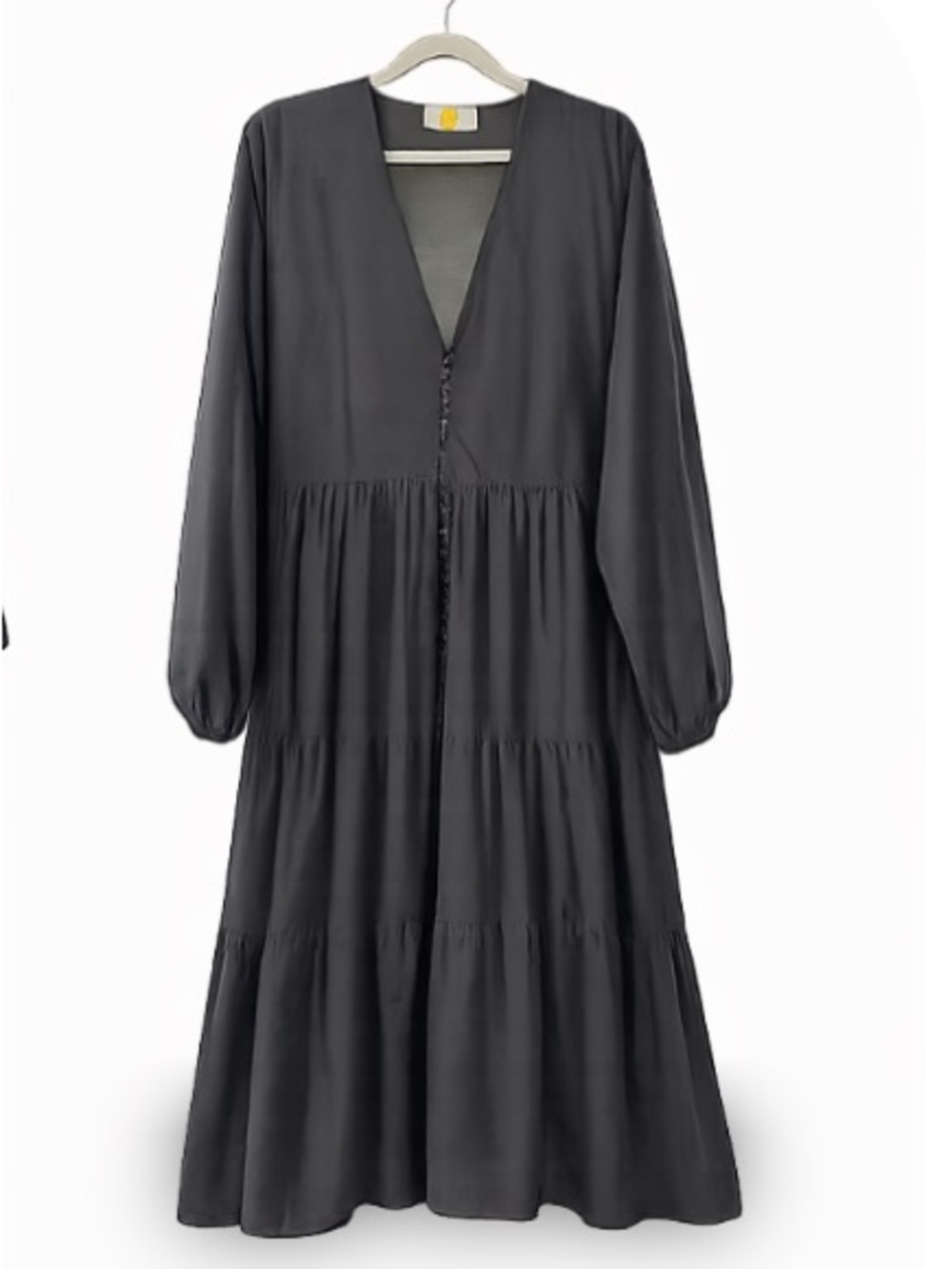 Matteau Black V-Neck Tiered Fitted Button loop Maxi Dress